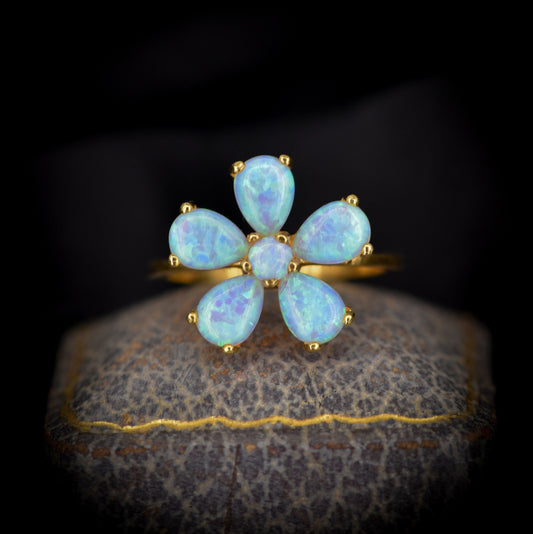 Opal Pansy Flower Cluster Statement 18ct Yellow Gold on Silver Ring