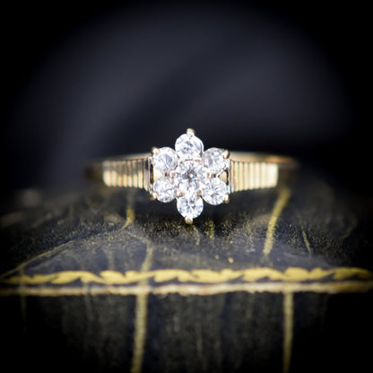 Vintage CZ Paste Daisy Cluster 9ct 9K Yellow Gold Ring - Dated 1987