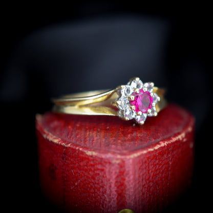 Vintage Synthetic Ruby Flower Cluster Halo 9ct 9K Yellow Gold Ring - Dated 1965