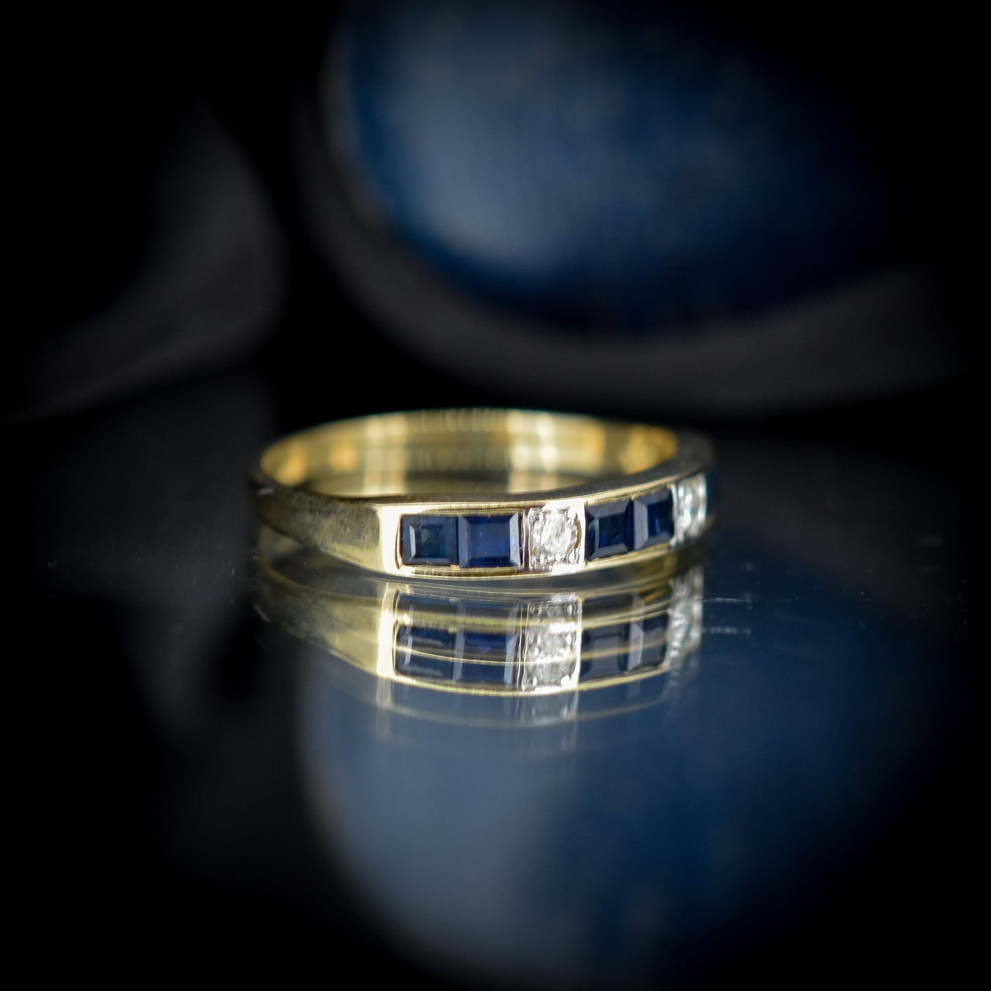 Blue Sapphire and Diamond 9ct 9K Yellow Gold Half Eternity Band Ring
