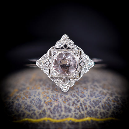 Morganite and Diamond 9ct 9K White Gold Art Deco Style Cluster Ring | Vintage Style