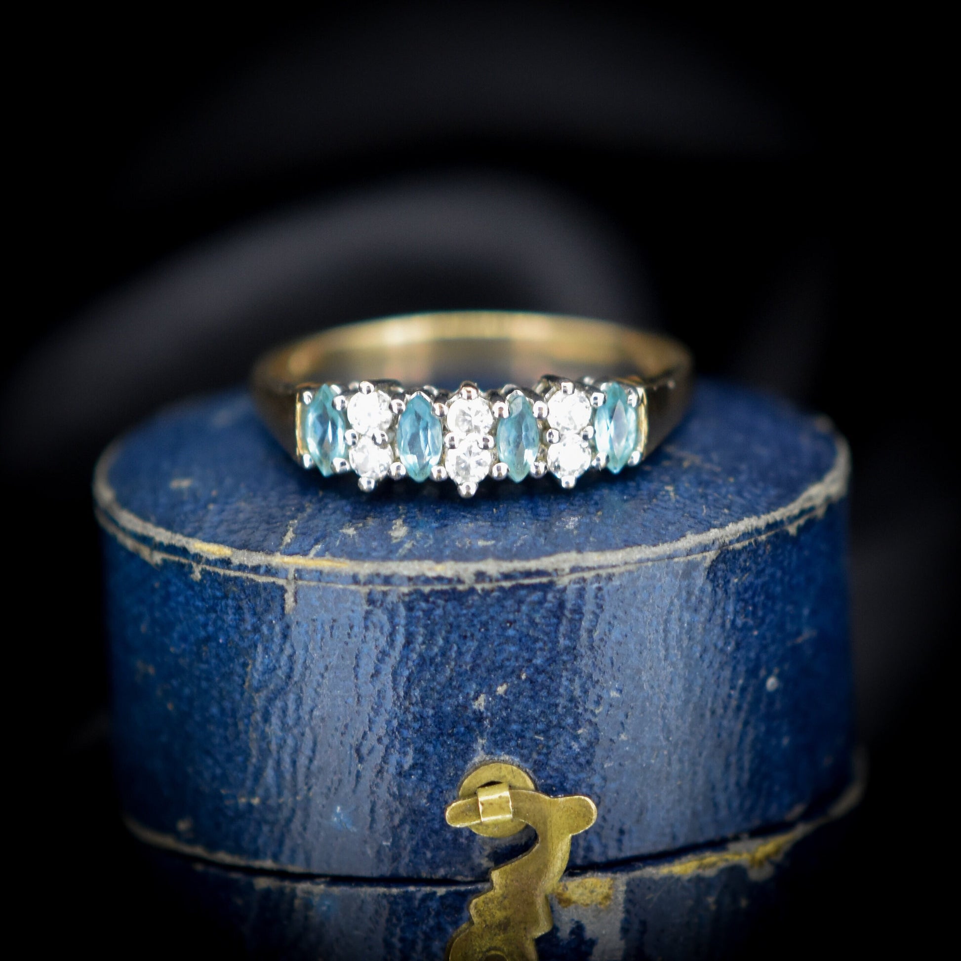 Vintage Marquise Cut Blue Topaz and CZ 9ct 9K Yellow Gold Band Ring