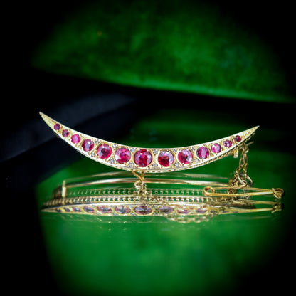 Antique Ruby Paste and Diamond 9ct 9K Yellow Gold Crescent Moon Celestial Brooch Pin