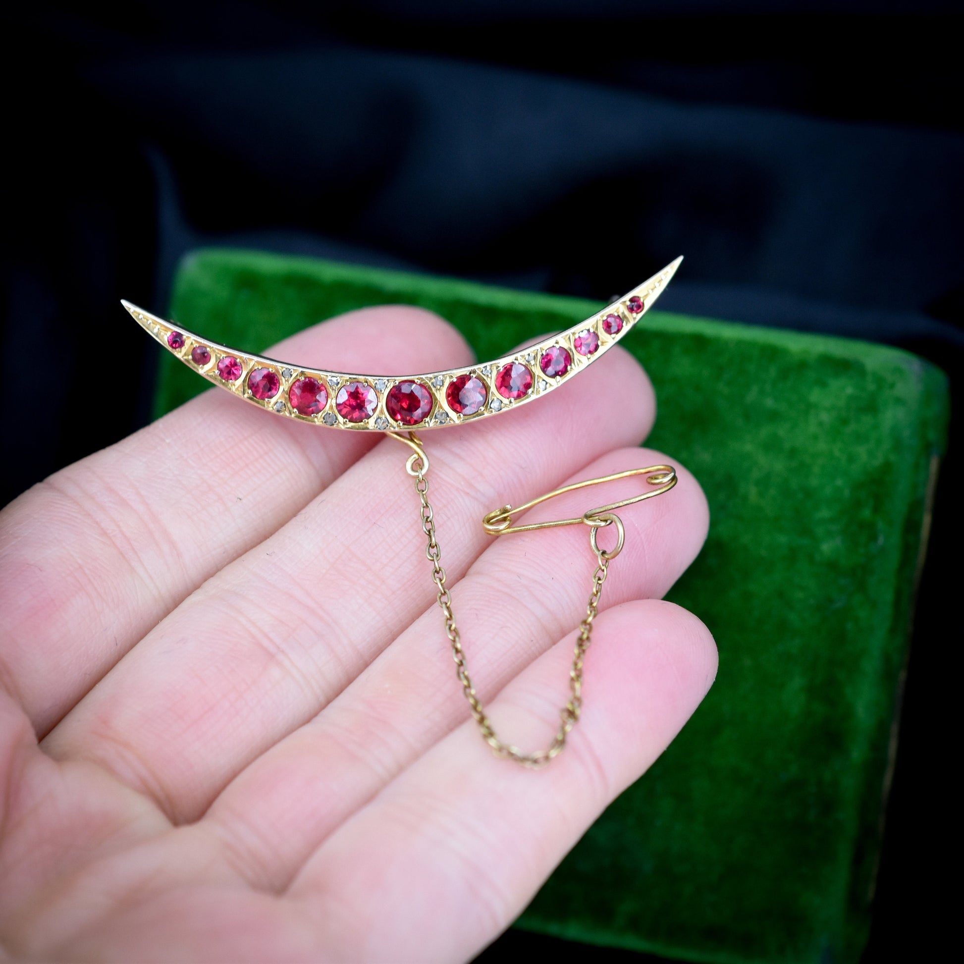 Antique Ruby Paste and Diamond 9ct 9K Yellow Gold Crescent Moon Celestial Brooch Pin