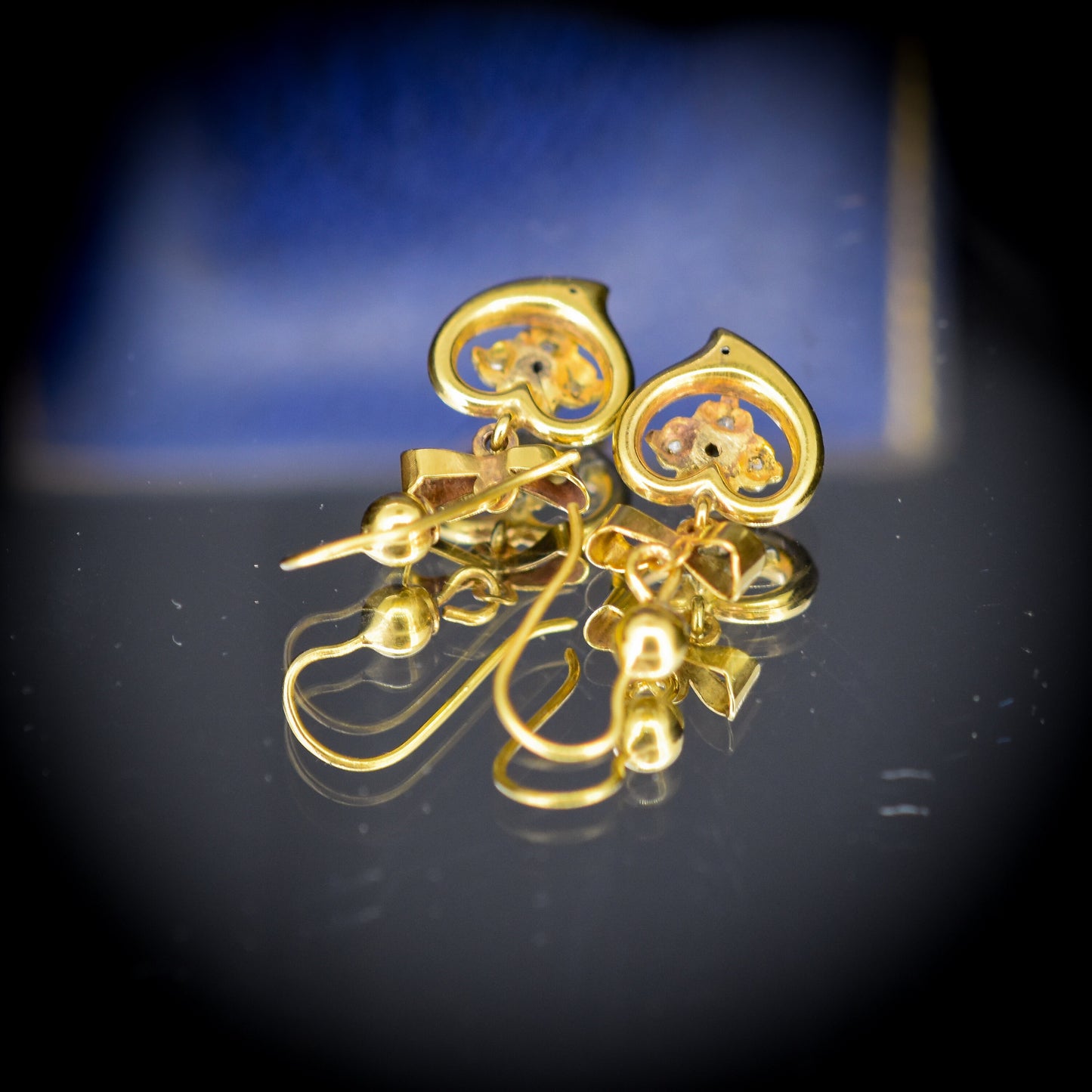 Antique Diamond Gold Bow Heart Drop Earrings
