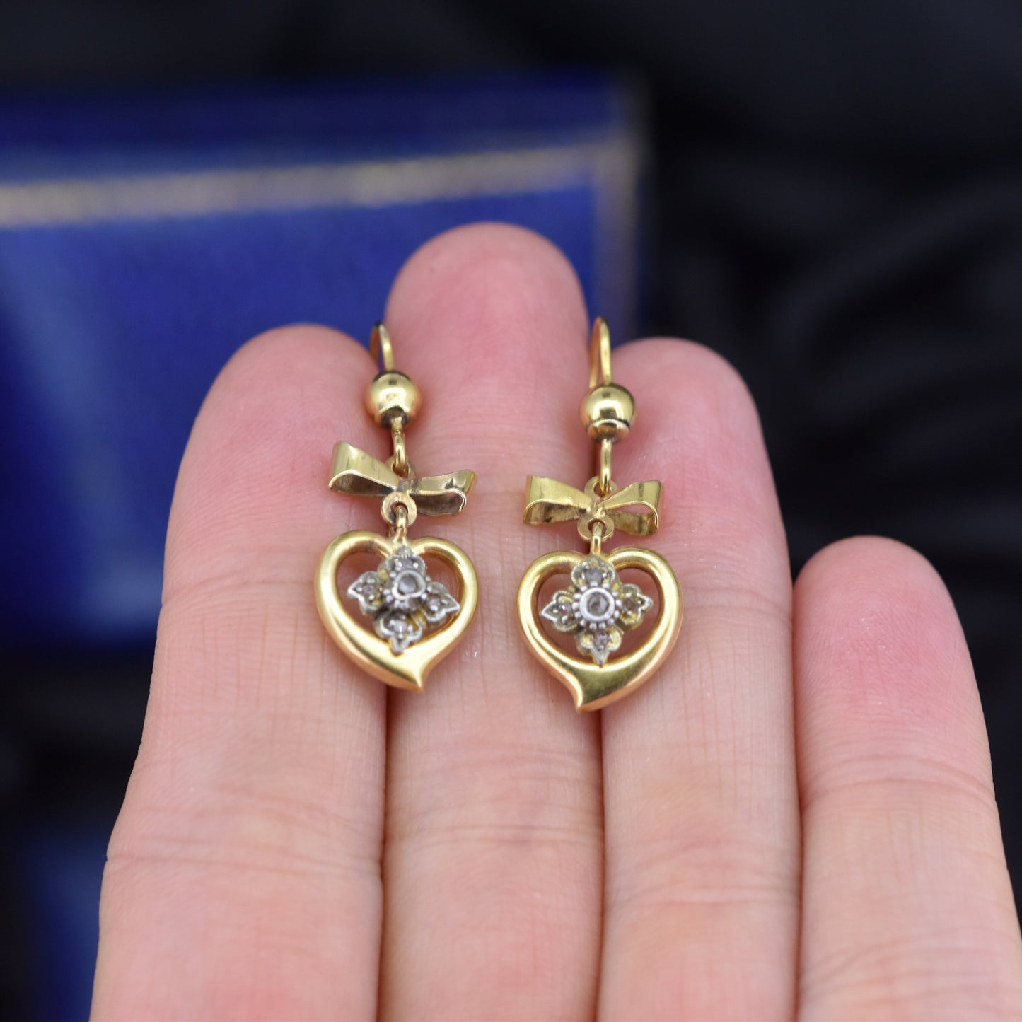 Antique Diamond Gold Bow Heart Drop Earrings