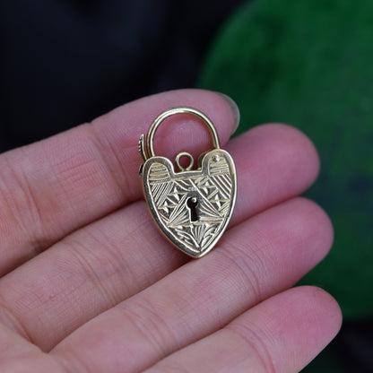 Vintage 9ct Gold Large Engraved Opening Heart Padlock Charm Pendant