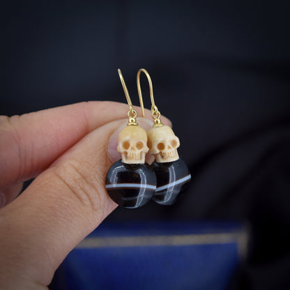 Carved Skull and Banded Agate 9ct Gold Drop Earrings