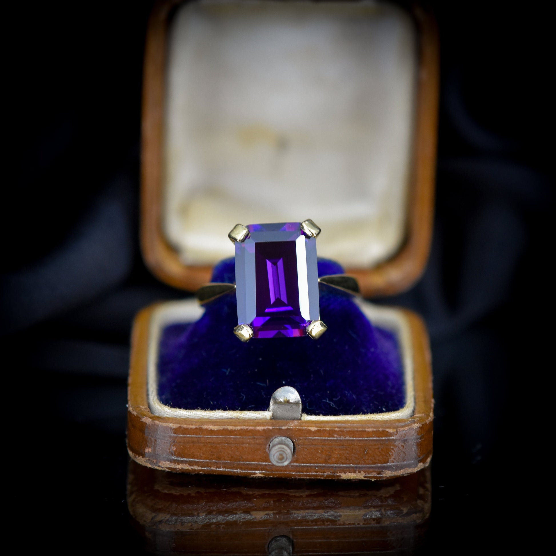 Emerald Cut Amethyst Paste Solitaire Gold on Silver Cocktail Ring
