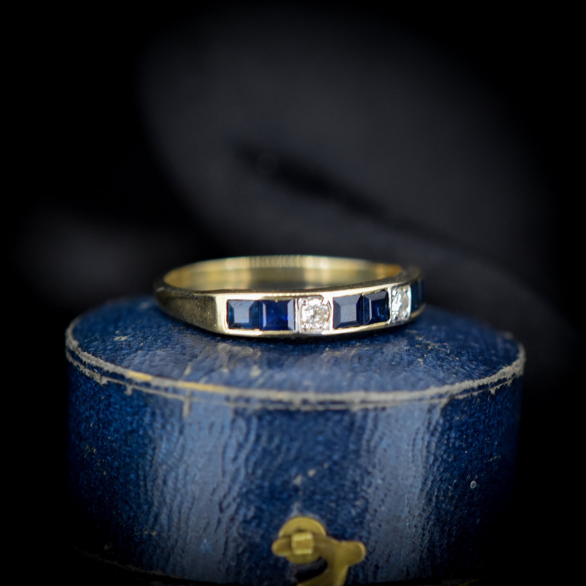 Blue Sapphire and Diamond 9ct 9K Yellow Gold Half Eternity Band Ring