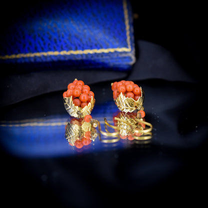 Vintage Coral Grape Gold Gilt Drop Earrings | Art Deco