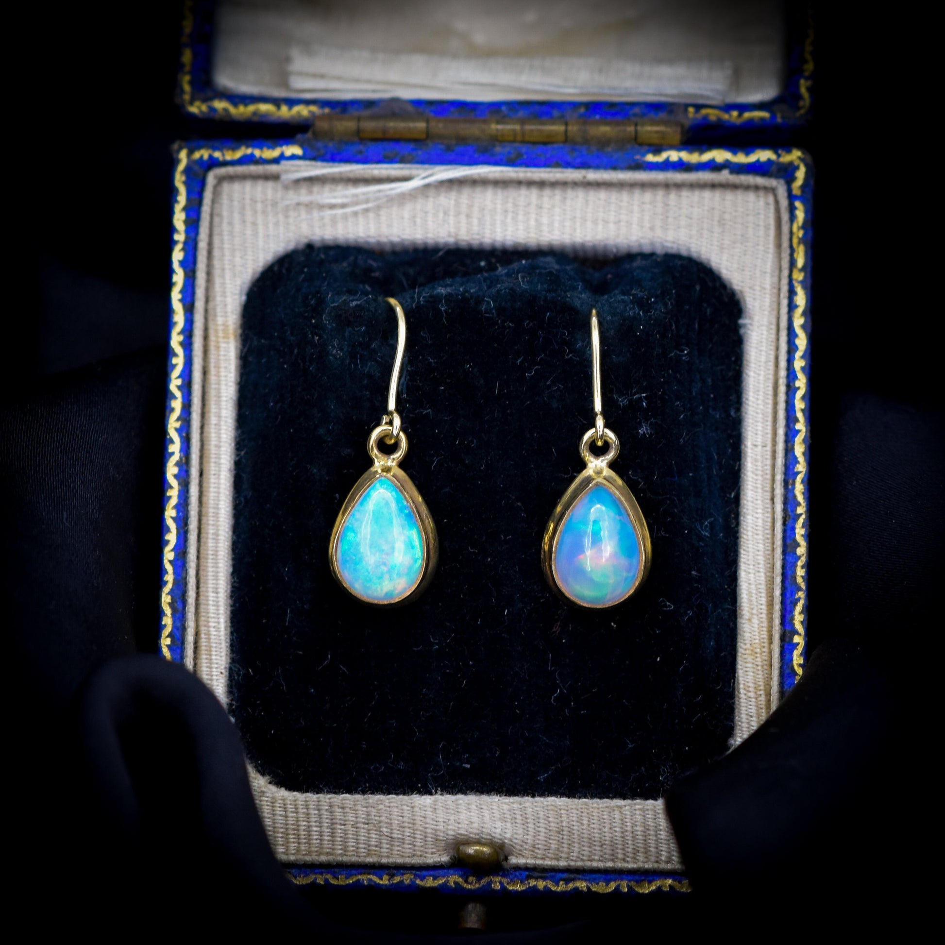 Australian Opal Yellow Gold Dangle Pear Drop Earrings