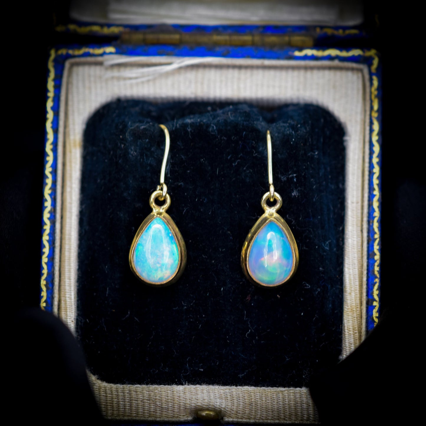 Australian Opal Yellow Gold Dangle Pear Drop Earrings