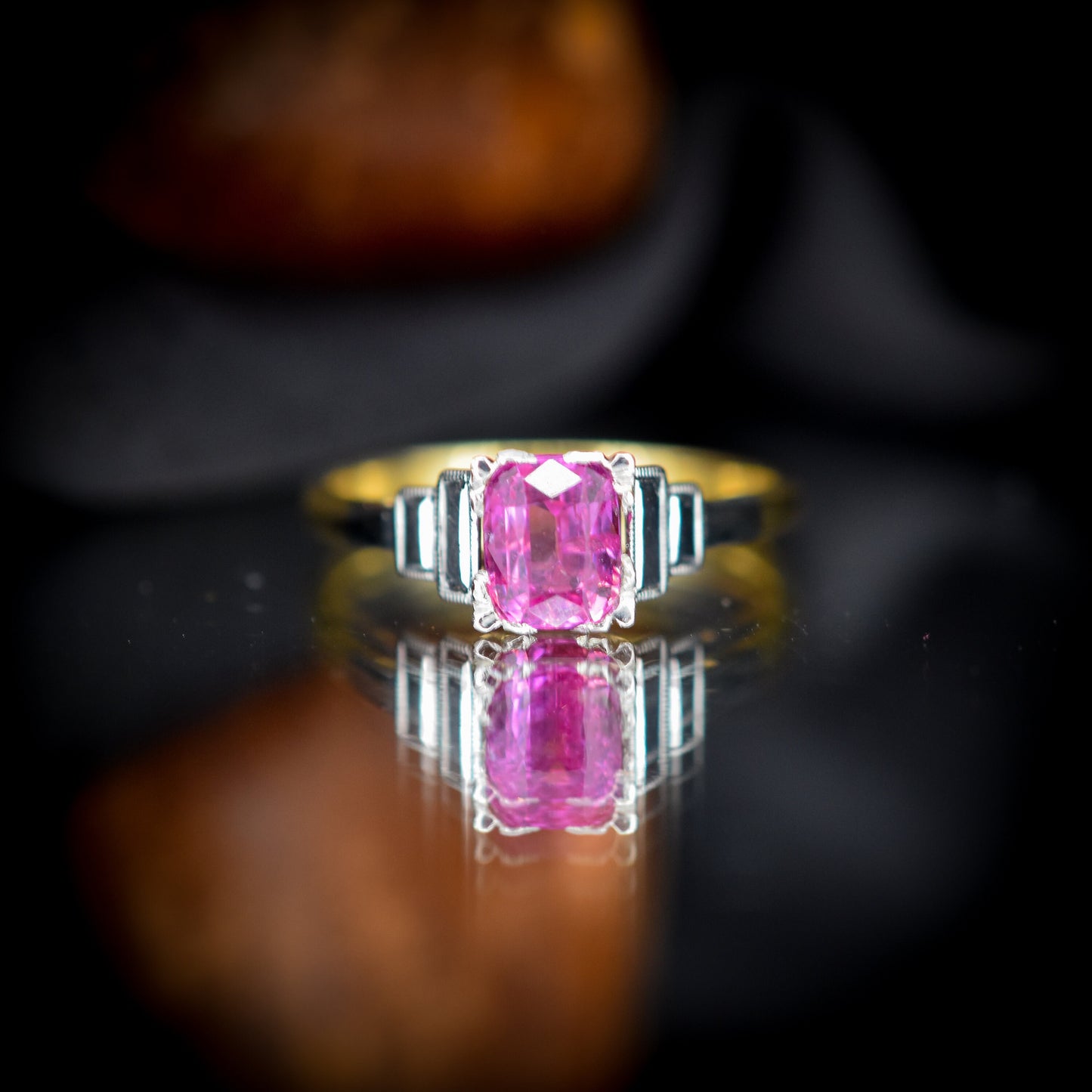 Vintage Certified Natural Pink Sapphire Cushion Cut 18ct Gold and Platinum Ring