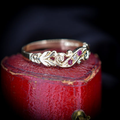 Antique Victorian Style Diamond and Ruby Yellow Gold Scroll Ring Band