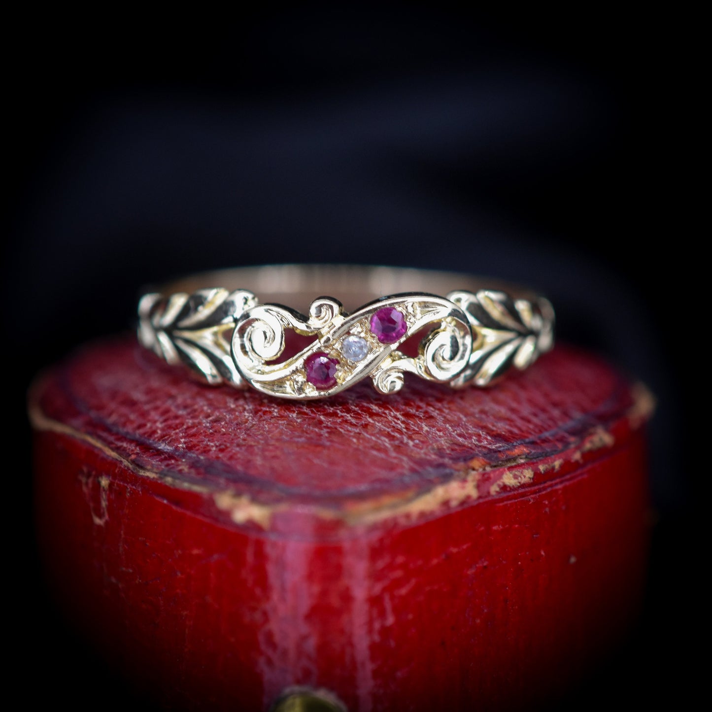 Antique Victorian Style Diamond and Ruby Yellow Gold Scroll Ring Band