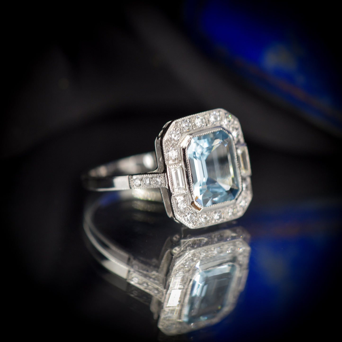 Emerald Cut Aquamarine and Diamond Halo Platinum Ring | Art Deco Style