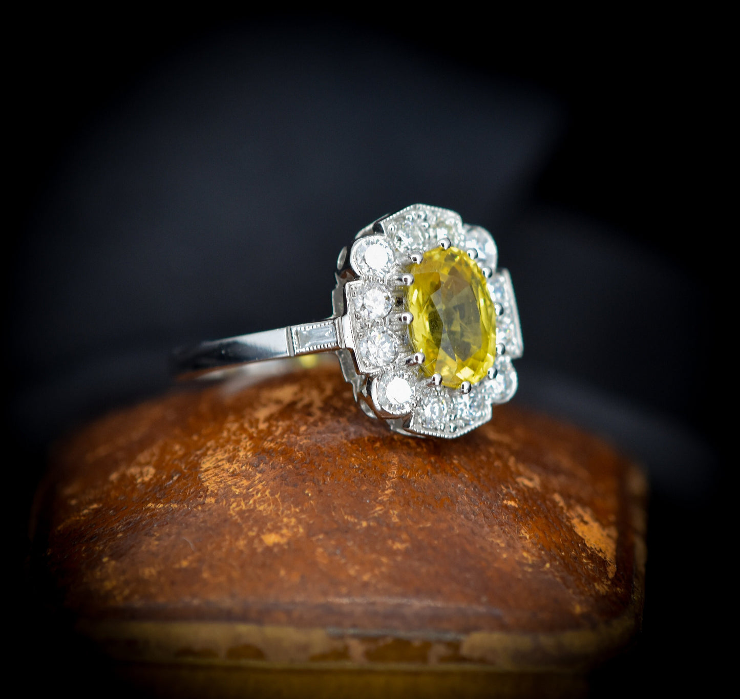 Oval Cut Yellow Sapphire and Diamond Halo Platinum Ring | Art Deco Style