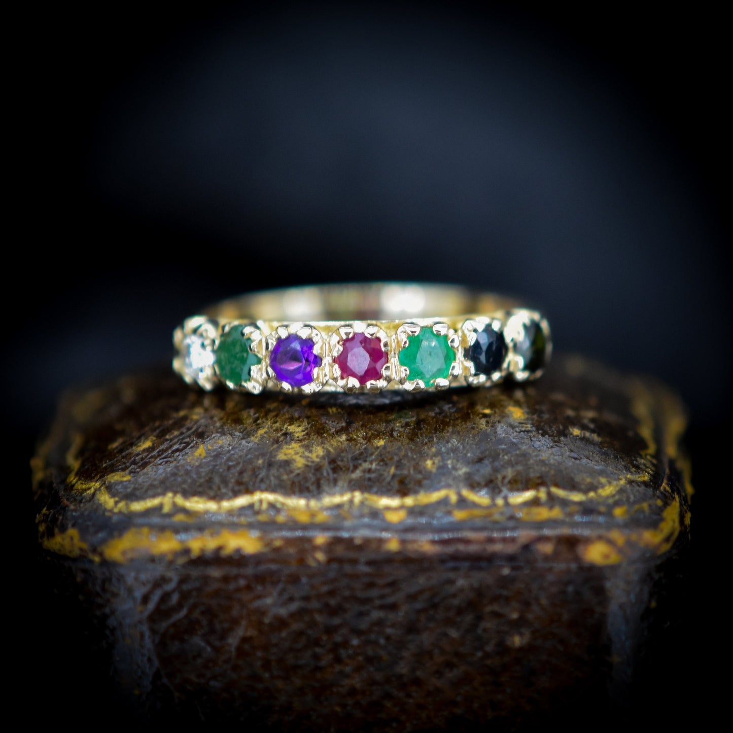 DEAREST Acrostic Multi Gemstone Gold Ring Band | Antique Style