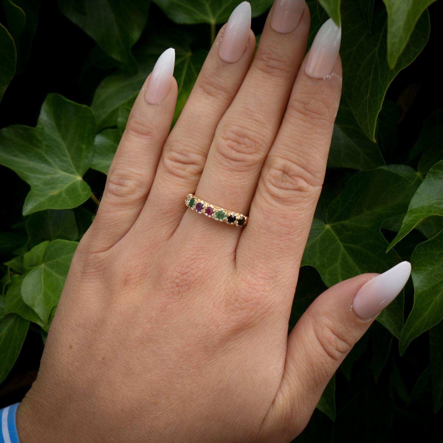 DEAREST Acrostic Multi Gemstone Gold Ring Band | Antique Style