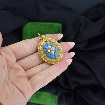 Antique Victorian Etruscan Revival Blue Enamel Pearl Diamond 18ct Gold Locket Pendant