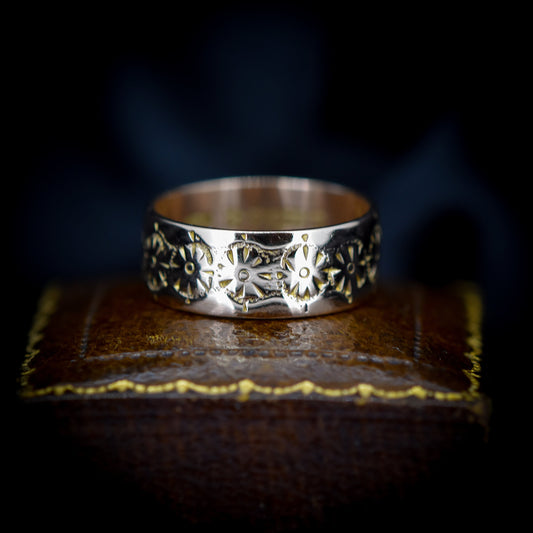 Antique Engraved Patterned Gold Wide Wedding Band Ring | Chester 1900