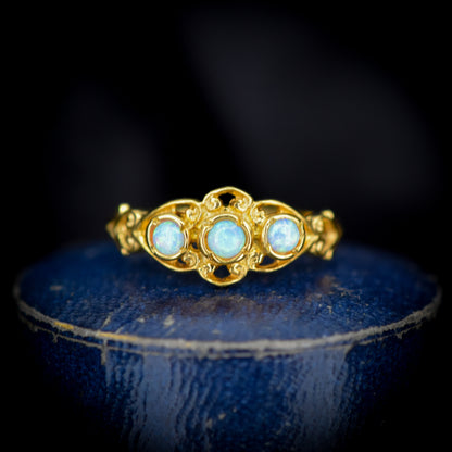 Opal Trilogy Three Stone Yellow Gold on Silver Ring | Antique Victorian Style