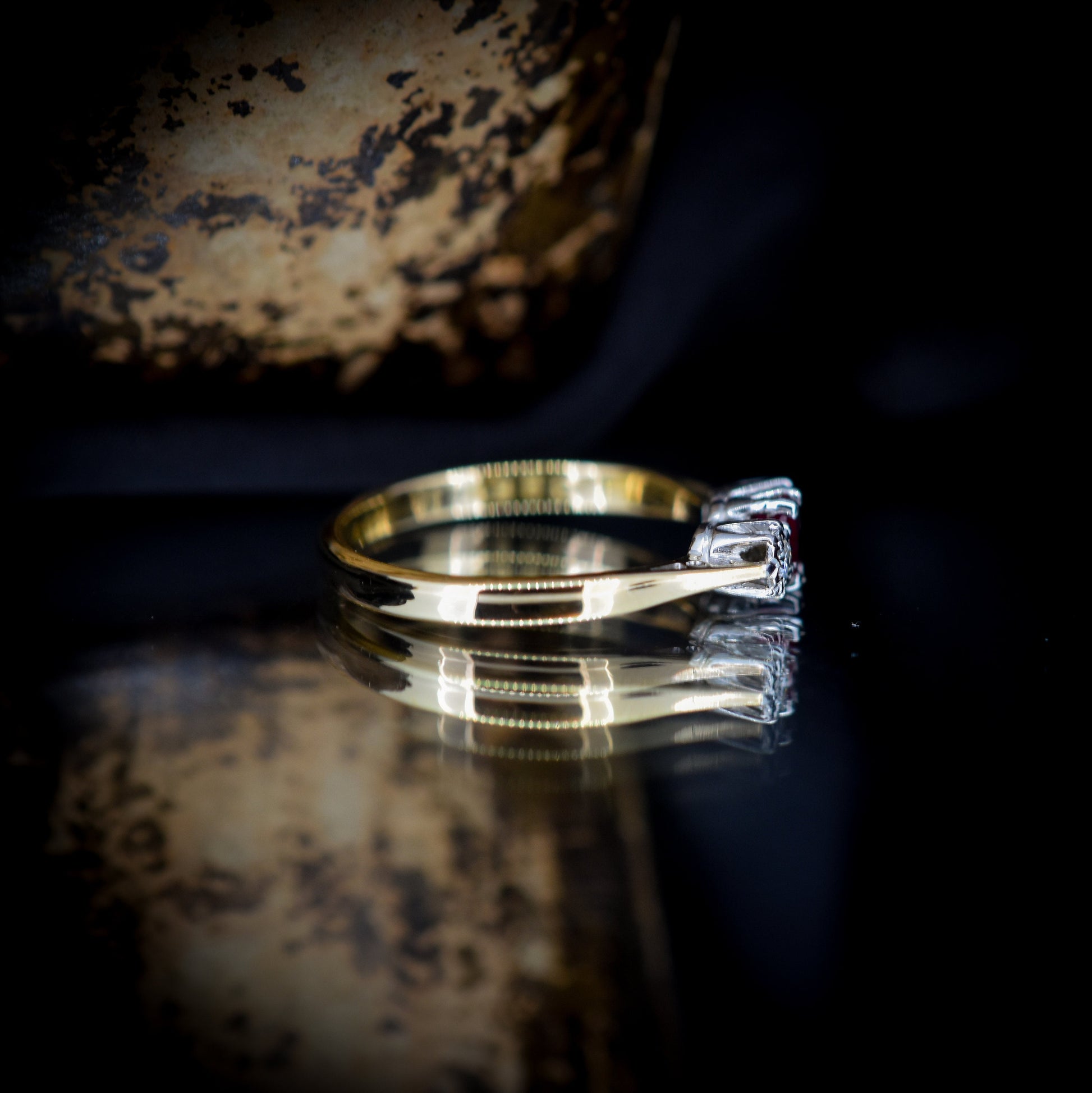 Vintage Ruby and Diamond Gold Platinum Three Stone Trilogy Ring