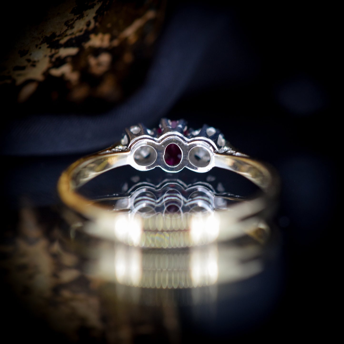 Vintage Ruby and Diamond Gold Platinum Three Stone Trilogy Ring