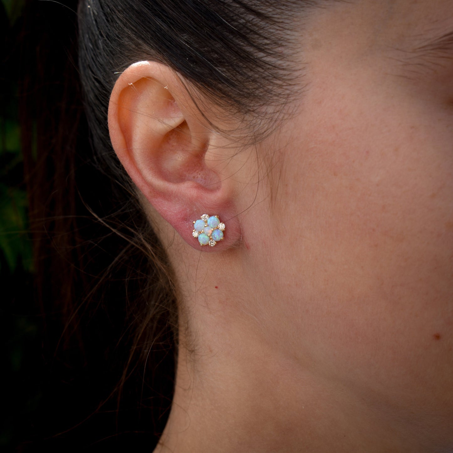 Opal and Diamond Cluster Gold Stud Earrings