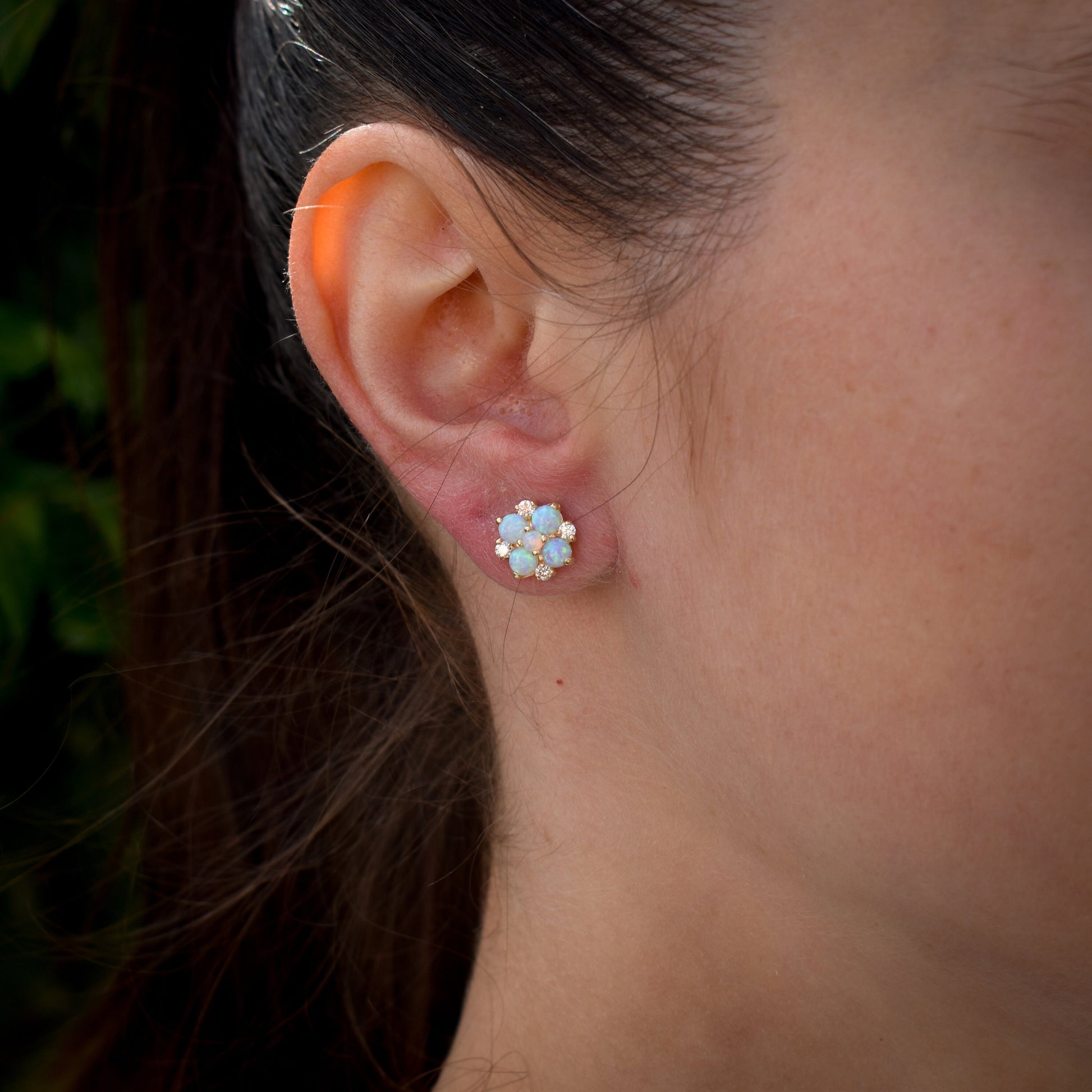 Opal and Diamond Cluster Gold Stud Earrings