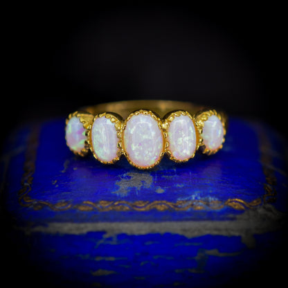 Opal Five Stone Yellow Gold on Silver Ring Band – Antique Style