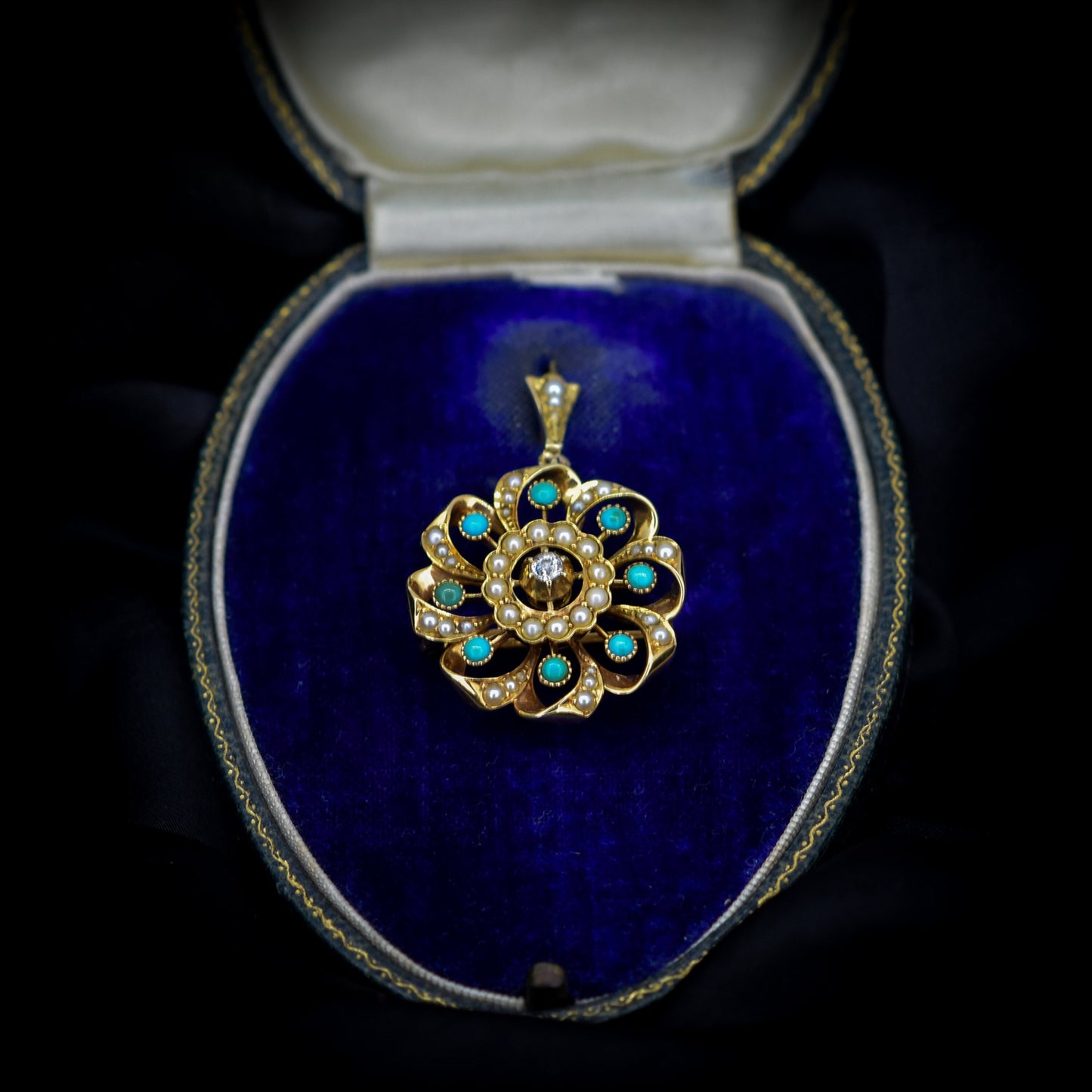 Antique Turquoise Pearl Diamond 15ct Gold Pendant and Brooch