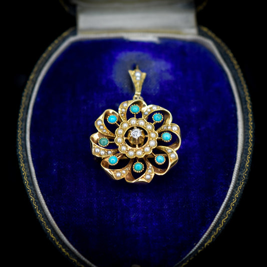 Antique Turquoise Pearl Diamond 15ct Gold Pendant and Brooch