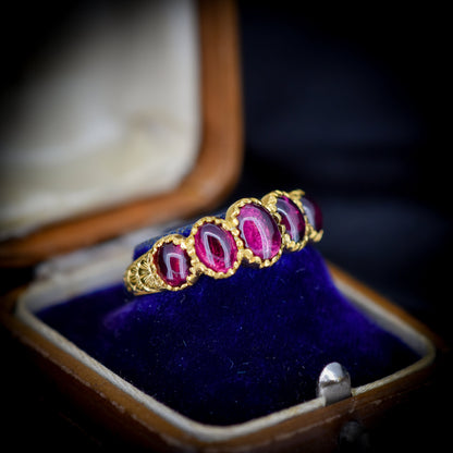 Cabochon Garnet Five Stone Yellow Gold Gilded Ring | Antique Georgian Style