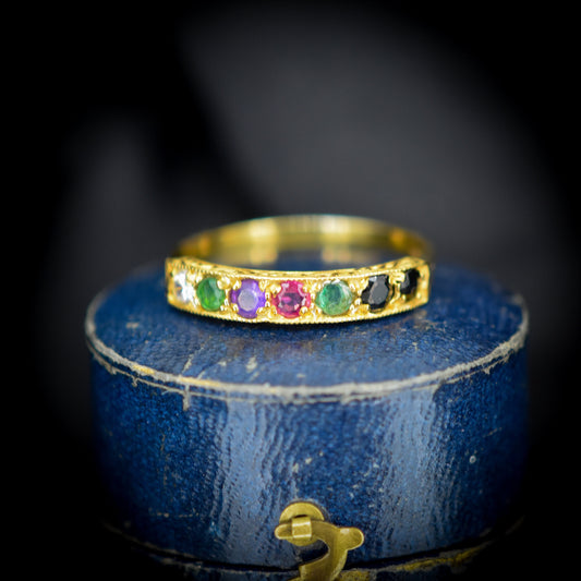 DEAREST Acrostic Multi Gemstone Gold on Silver Ring Band | Antique Victorian Style