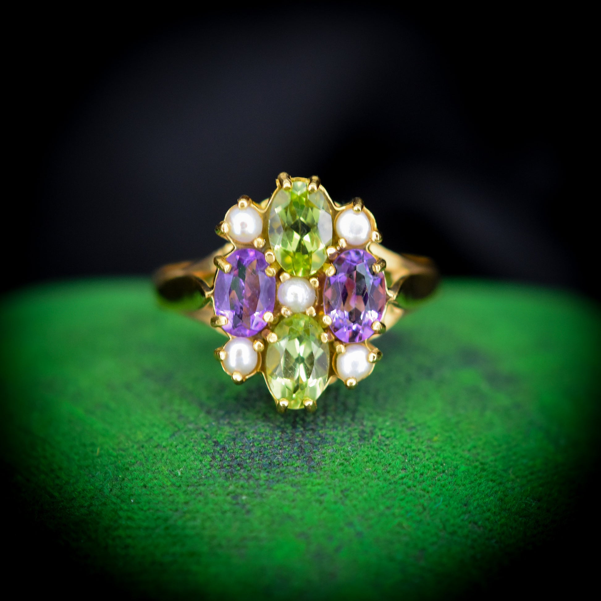 Suffragette Style Amethyst Peridot and Pearl Gold on Silver Cluster Ring – Antique Inspired
