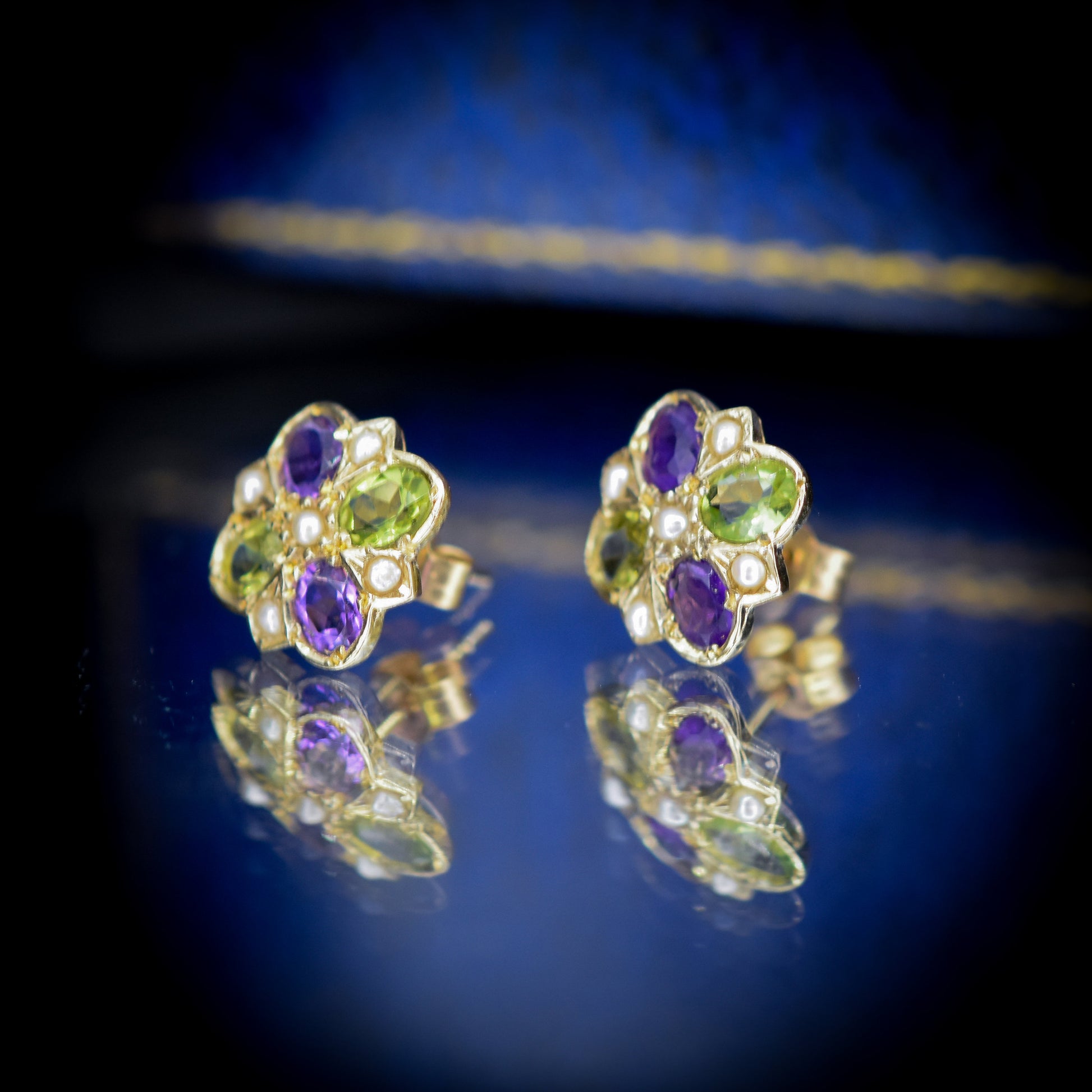 Amethyst Peridot and Pearl Cluster Yellow Gold Stud Earrings | Suffragette Colours