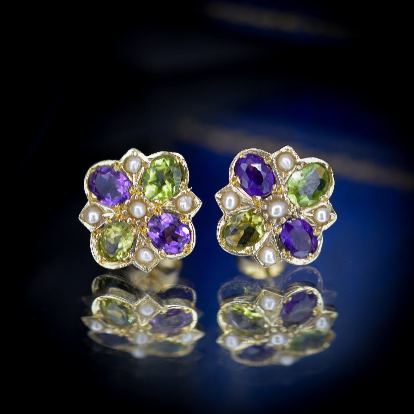 Amethyst Peridot and Pearl Cluster Yellow Gold Stud Earrings | Suffragette Colours