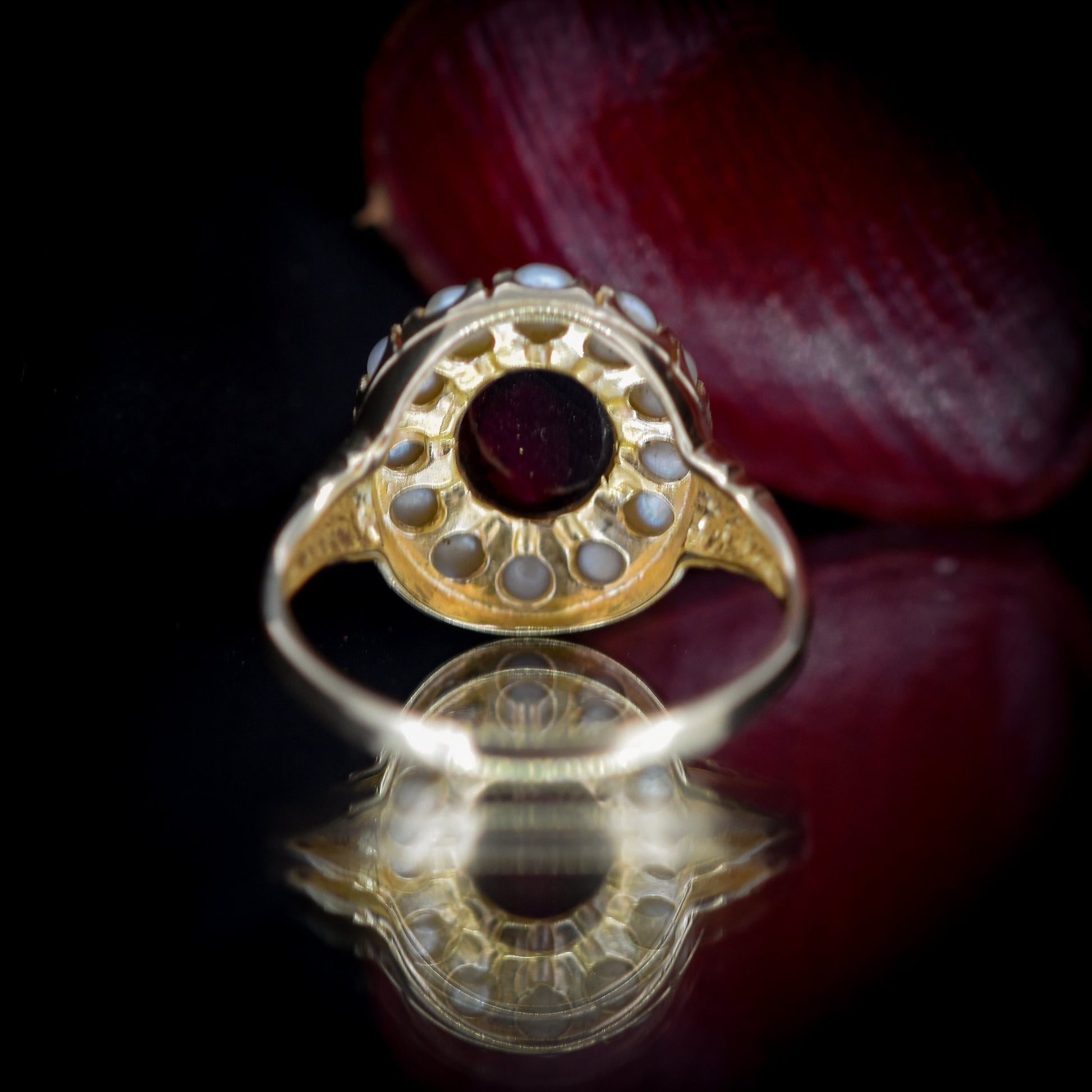 Garnet Cabochon and Pearl Oval Halo Yellow Gold Ring | Antique Victorian Style