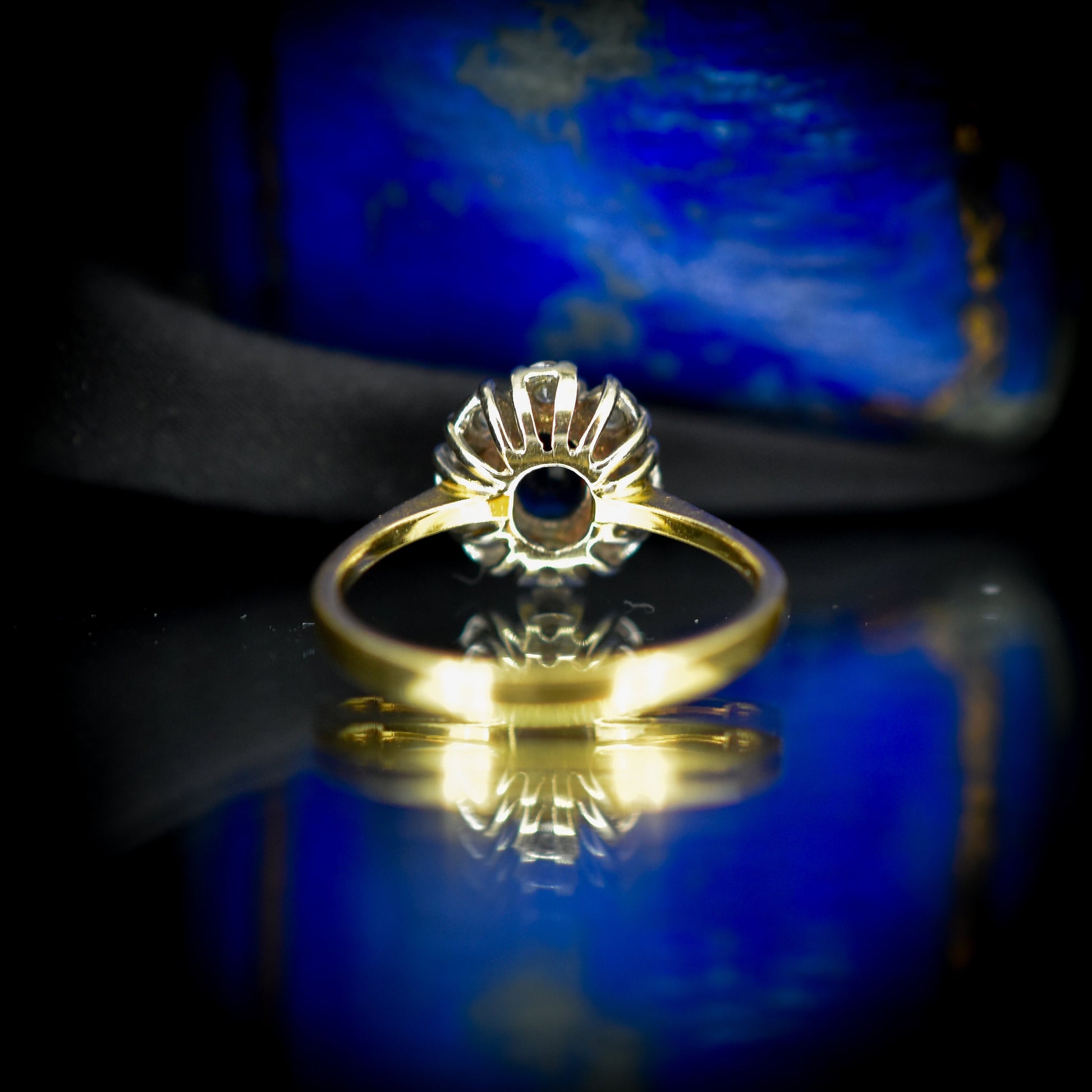Vintage Blue Sapphire and Diamond Oval Cluster Halo Gold Ring