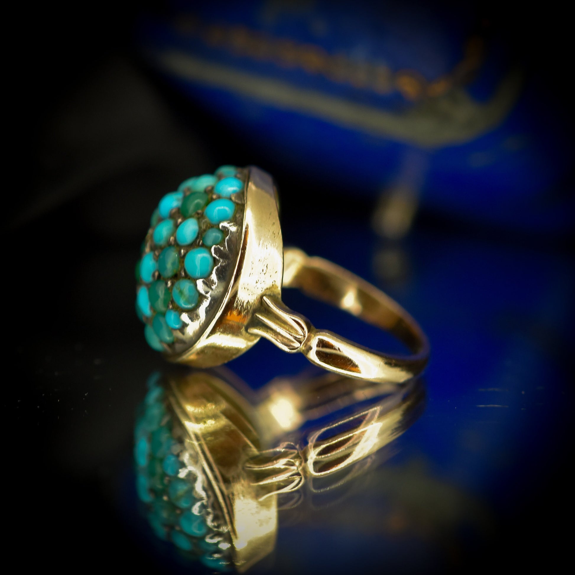 Antique Victorian Turquoise Diamond Bombe Cluster Gold Dome Ring