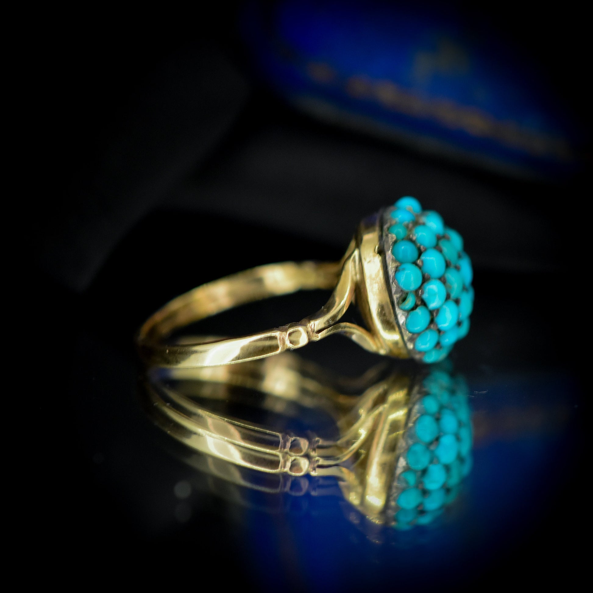 Antique Victorian Pave Turquoise Bombe Cluster Yellow Gold Ring