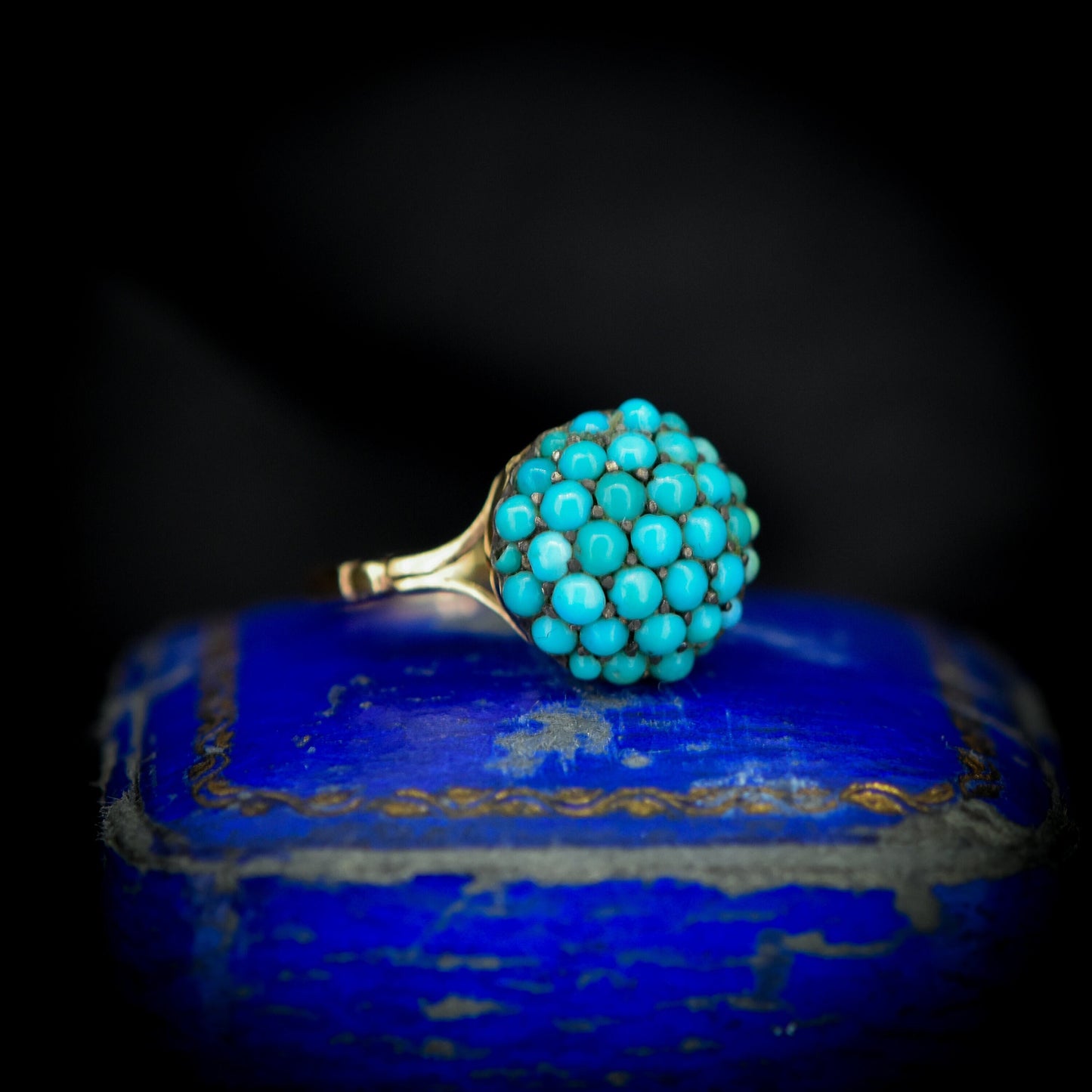 Antique Victorian Pave Turquoise Bombe Cluster Yellow Gold Ring