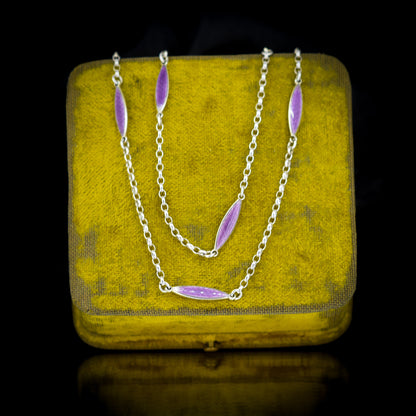 Vintage Lilac Guilloche Enamel Long Chain Necklace 30"