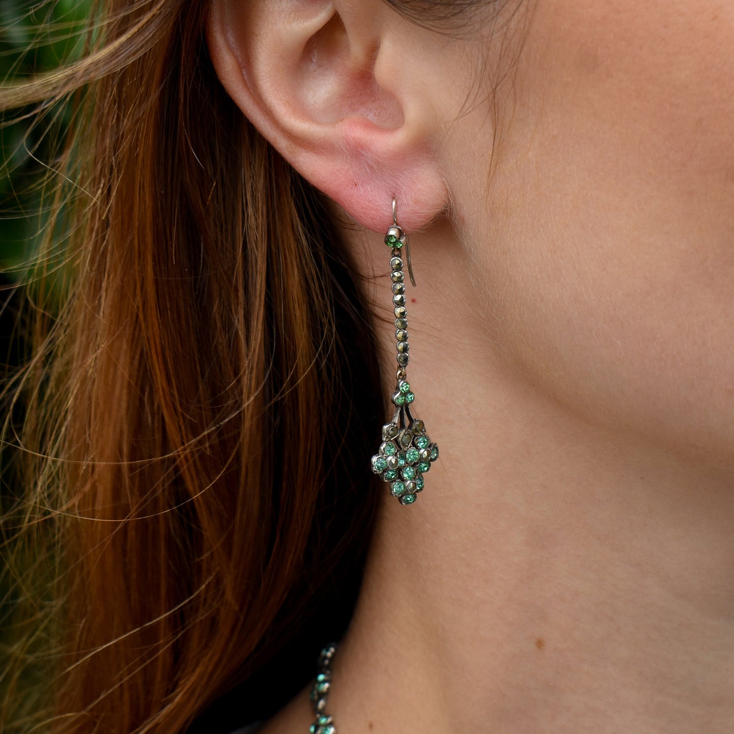 Antique Green Paste Marcasite Silver Necklace Earring Set | Art Deco