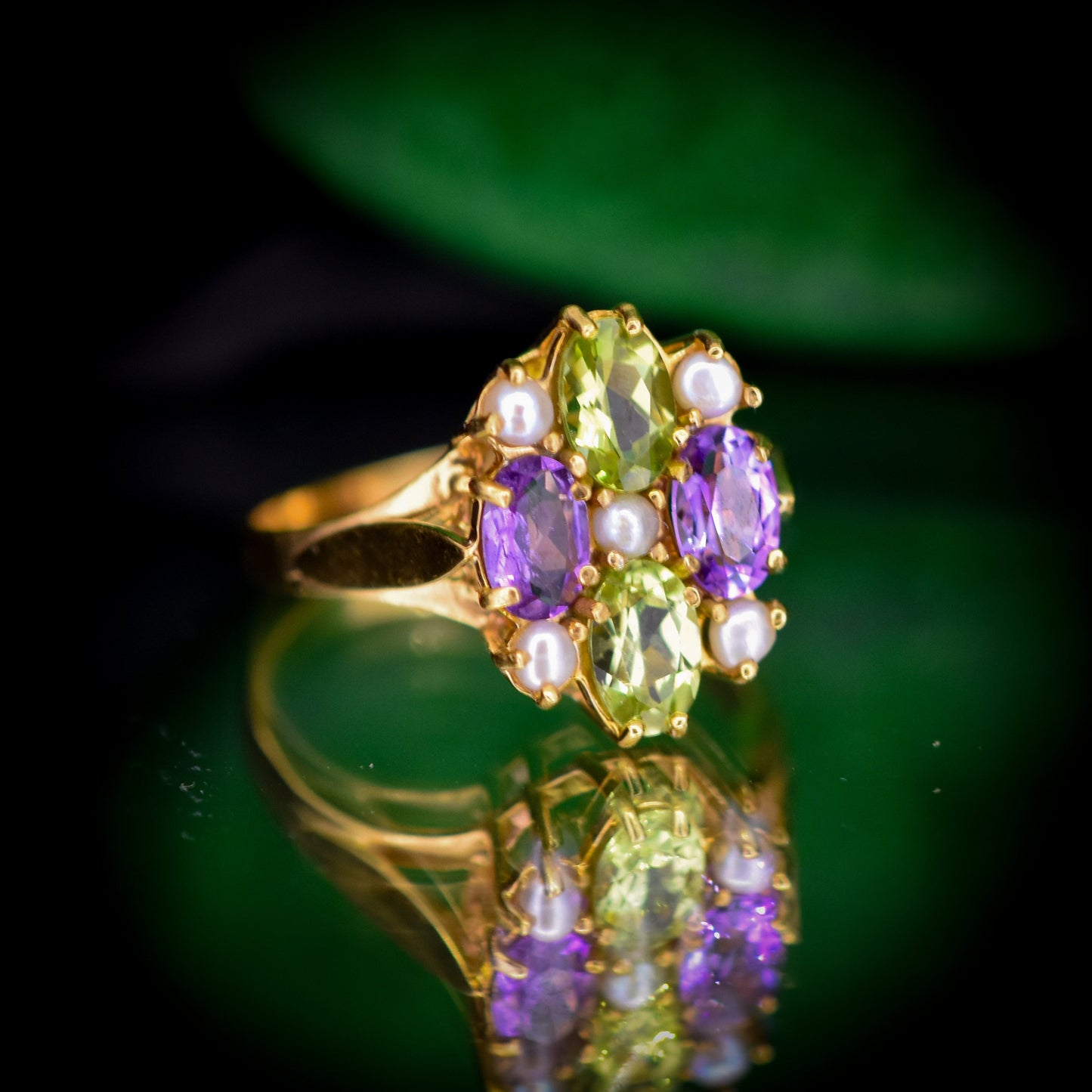 Suffragette Style Amethyst Peridot and Pearl Gold on Silver Cluster Ring – Antique Inspired