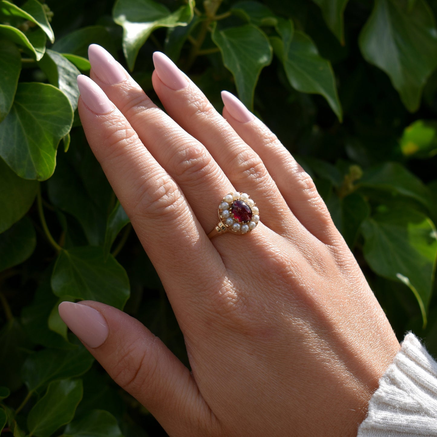 Garnet Cabochon and Pearl Oval Halo Yellow Gold Ring | Antique Victorian Style