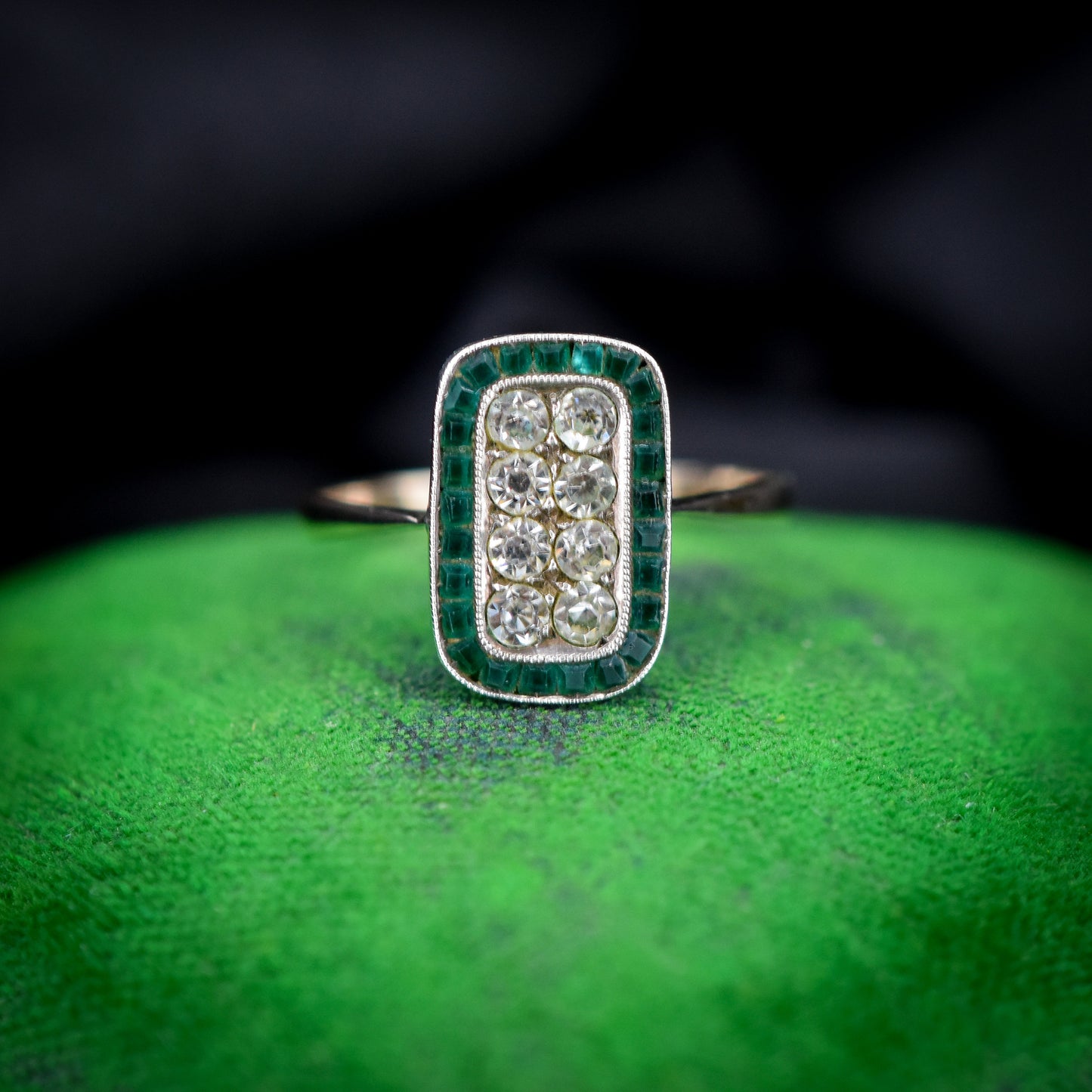 Art Deco Green Paste Gold and Silver Panel Ring | Antique Vintage