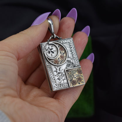 Antique Victorian Aesthetic Large Rectangle Silver Gold Locket Pendant